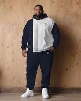 Large Size Men's Autumn And Winter Warm Cold-proof Dark Blue & White Color-block Sleeves Chest Small Label Printed Hoodie Sweatpants Set